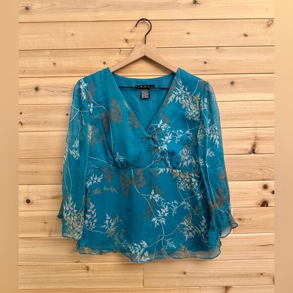 Vintage ECI Size Medium Silk V Neck Chinese Mandarin Collar Babydoll Blouse - Picture 1 of 14